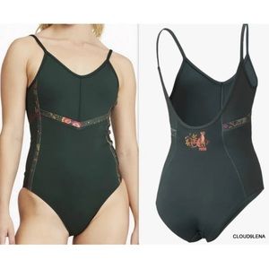 PUMA X Liberty Forever Luxe Training Leotard dryCELL Bodysuit Green Embroidered
